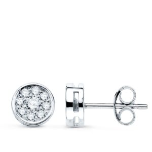 18K PENDIENTES ORO BLANCO CHATON CON 18 DIAMANTES 7X7 MM 0.360 QTS PRESION
