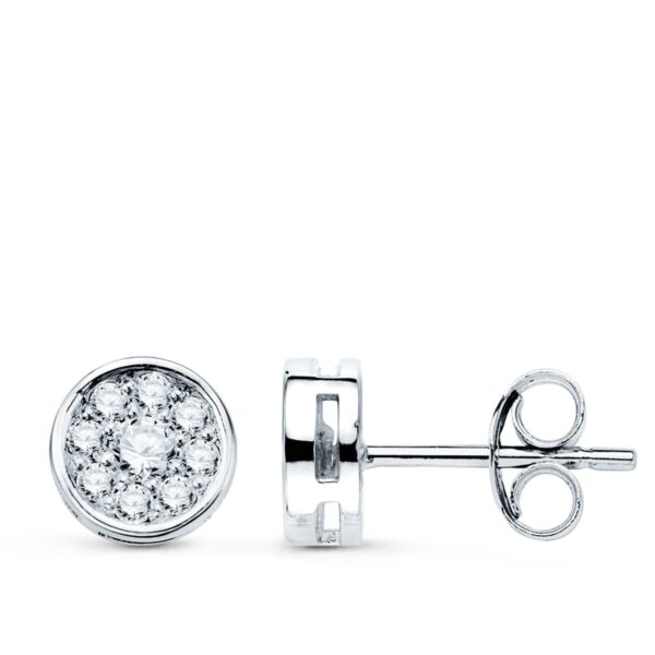 18K PENDIENTES ORO BLANCO CHATON CON 18 DIAMANTES 7X7 MM 0.360 QTS PRESION