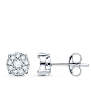 18K PENDIENTES ORO BLANCO CHATON CON 20 DIAMANTES. 7X7 MM 0.365 QTS PRESION