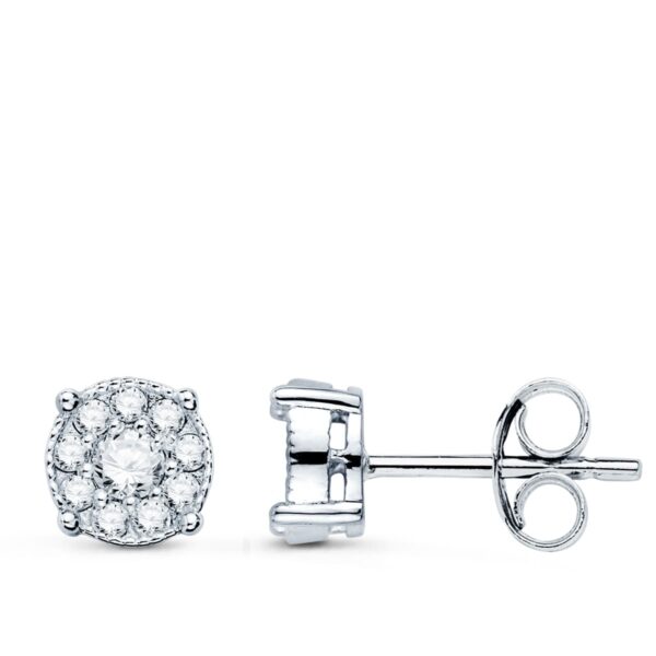 18K PENDIENTES ORO BLANCO CHATON CON 20 DIAMANTES. 7X7 MM 0.365 QTS PRESION