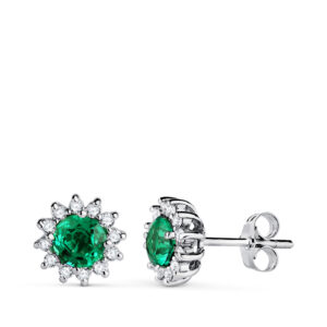 18K PENDIENTES ORO BLANCO ESMERALDA 5 MM 0,96 QT. 24 DIAMANTES 0,340 QTS. VS2-G. 9 MM CIERRE PRESION