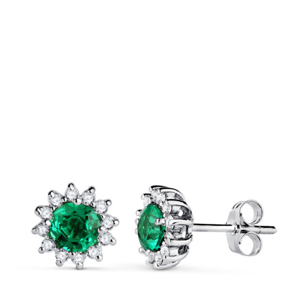 18K PENDIENTES ORO BLANCO ESMERALDA 5 MM 0,96 QT. 24 DIAMANTES 0,340 QTS. VS2-G. 9 MM CIERRE PRESION
