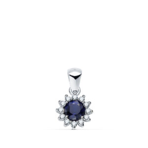 18K COLGANTE ORO BLANCO ZAFIRO 5 MM 0,56 QT. 12 DIAMANTES 0,170 QTS. VS2-G. 9 MM
