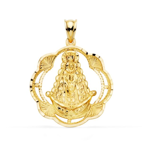 18K MEDALLA ORO AMARILLO VIRGEN DEL ROCIO PANDERETA 31X28 MM
