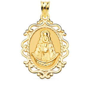 18K MEDALLA ORO AMARILLO VIRGEN DEL ROCIO CERCO CALADO EN BRILLO 31X21 MM