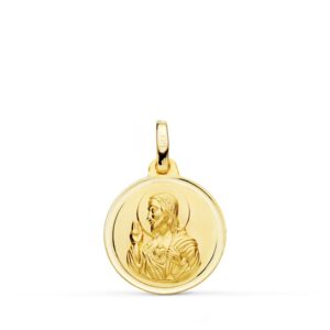 18K MEDALLA ORO AMARILLO CRISTO SAGRADO CORAZON DE JESUS BISEL 16 MM