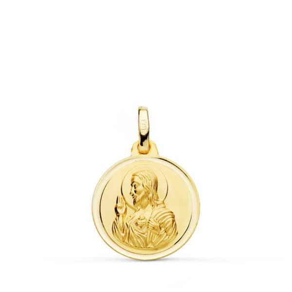 18K MEDALLA ORO AMARILLO CRISTO SAGRADO CORAZON DE JESUS BISEL 16 MM