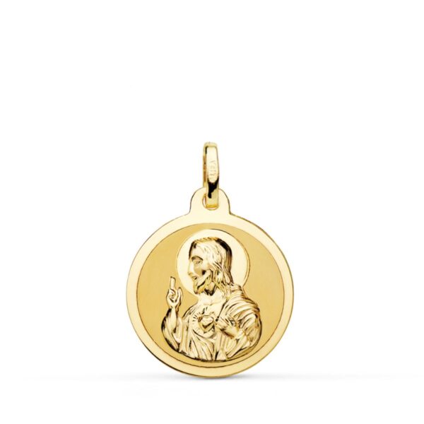 18K MEDALLA ORO AMARILLO SAGRADO CORAZON DE JESUS MATE Y BRILLO 18 MM