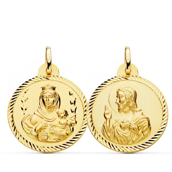 18K ESCAPULARIO ORO AMARILLO HELICE VIRGEN CARMEN Y CORAZON DE JESUS 24 MM