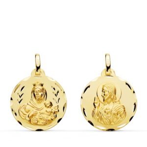 18K ESCAPULARIO ORO AMARILLO TALLADO VIRGEN DEL CARMEN CORAZON DE JESUS 18 MM