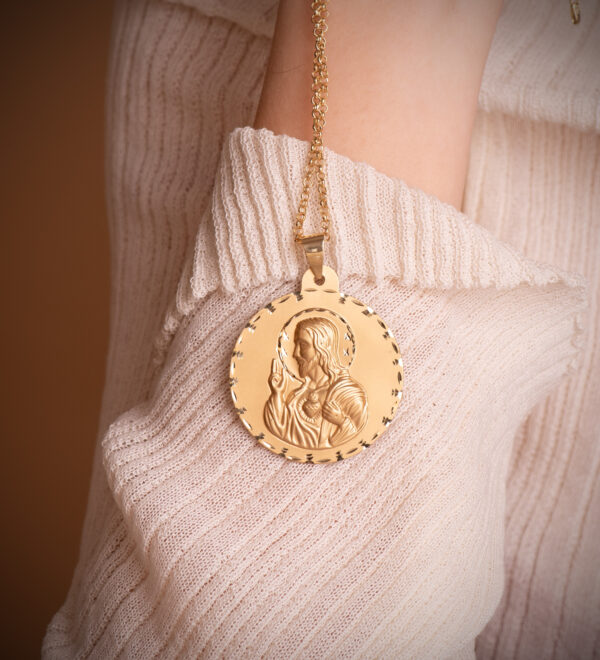 18K ESCAPULARIO ORO AMARILLO TALLADO VIRGEN DEL CARMEN Y CORAZON DE JESUS 42 MM - Imagen 3