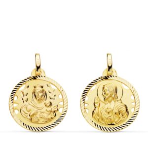 18K ESCAPULARIO ORO AMARILLO HELICE CALADO VIRGEN CARMEN Y CORAZON DE JESUS 18 MM