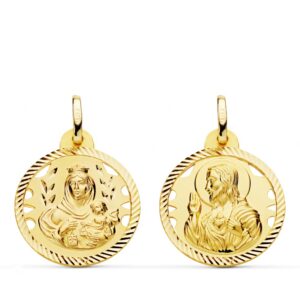 18K ESCAPULARIO ORO AMARILLO HELICE CALADO VIRGEN CARMEN Y CORAZON DE 20 MM