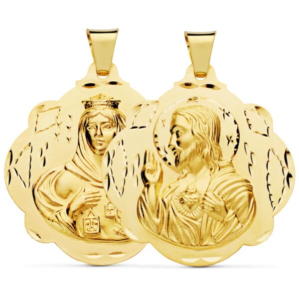 18K ESCAPULARIO ORO AMARILLO PANDERETA VIRGEN DEL CARMEN Y CORAZON DE JESUS 42 MM