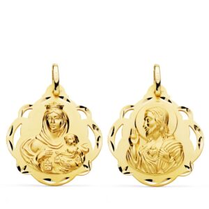 18K ESCAPULARIO ORO AMARILLO VIRGEN DEL CARMEN Y CORAZON DE JESUS PANDERETA CALADA 24 MM