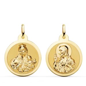 18K ESCAPULARIO ORO AMARILLO ORO AMARILLO BRILLO VIRGEN DEL CARMEN Y CORAZON DE JESUS 22 MM