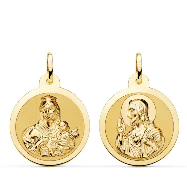 18K ESCAPULARIO ORO AMARILLO ORO AMARILLO BRILLO VIRGEN DEL CARMEN Y CORAZON DE JESUS 22 MM