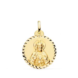 18K MEDALLA ORO AMARILLO CRISTO SAGRADO CORAZON JESUS BRILLO TALLA CRUZADA 20 MM