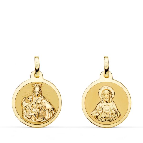 18K ESCAPULARIO ORO AMARILLO VIRGEN DEL CARMEN Y CORAZON DE JESUS EN BRILLO 16 MM