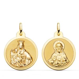 18K ESCAPULARIO ORO AMARILLO VIRGEN DEL CARMEN Y CORAZON DE JESUS EN BRILLO 22 MM