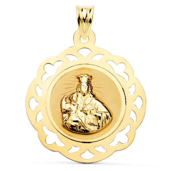 18K ESCAPULARIO ORO AMARILLO VIRGEN DEL CARMEN Y CORAZON DE JESUS CALADO BRILLO 31 X 27 MM - Imagen 2