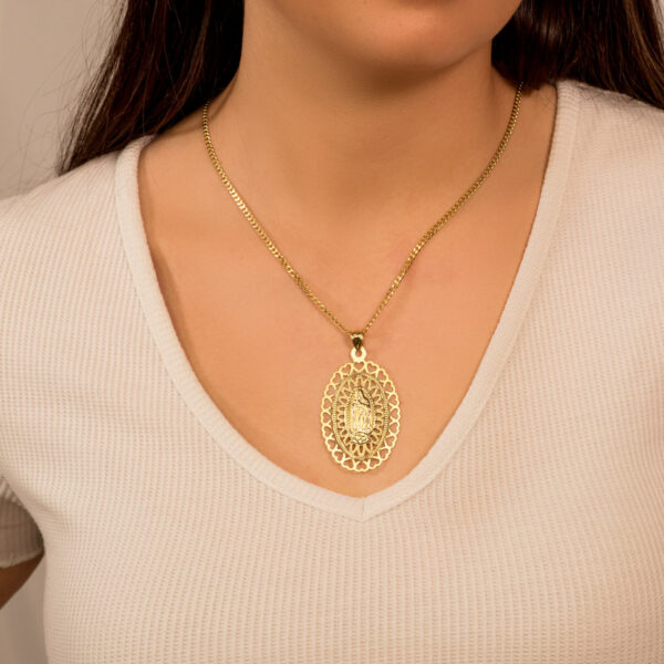 18K MEDALLA ORO AMARILLO VIRGEN DE GUADALUPE OVAL 50X35 MM CERCO CORAZONES - Imagen 3