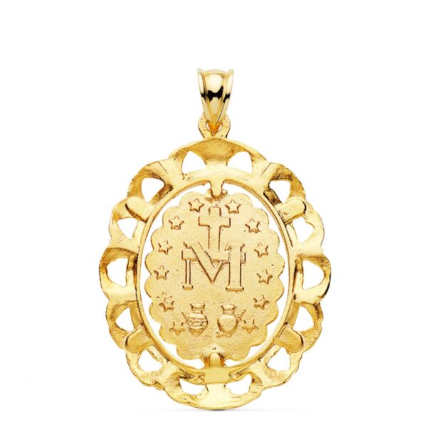 18K MEDALLA ORO AMARILLO VIRGEN MILAGROSA CERCO FILIGRANA TALLADO 30X25 MM - Imagen 2