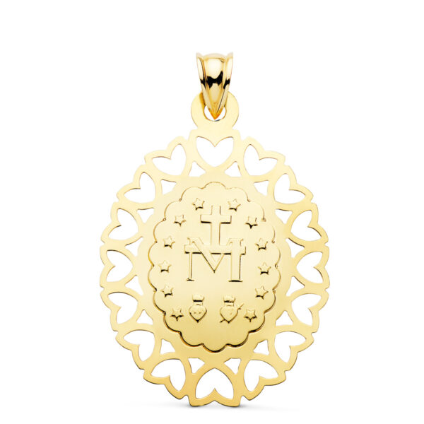 18K MEDALLA ORO AMARILLO VIRGEN MILAGROSA OVAL CERCO CORAZONES. 40 X 33 MM - Imagen 2