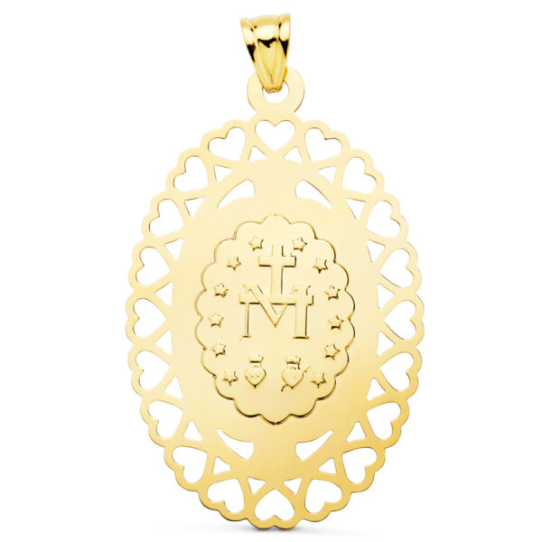 18K MEDALLA ORO AMARILLO VIRGEN MILAGROSA OVAL CERCO CORAZONES. 50 X 35 MM - Imagen 2