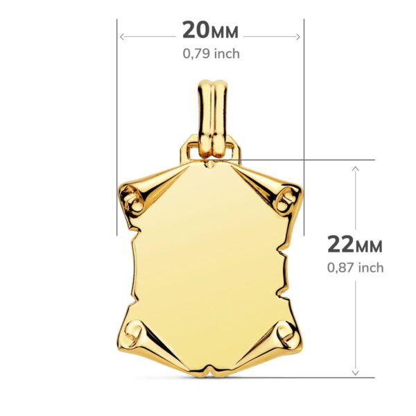 18K PLACA CHAPA COLGANTE PERGAMINO ORO AMARILLO LISO BRILLO PAPIRO. 22X20 MM - Imagen 2