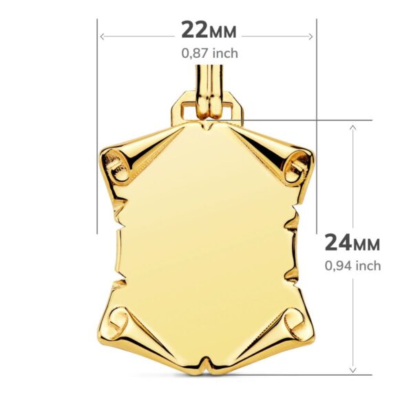 18K PLACA CHAPA COLGANTE PERGAMINO ORO AMARILLO LISO BRILLO PAPIRO. 24X22 MM - Imagen 2