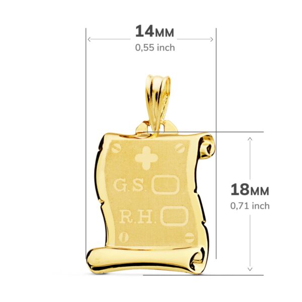 18K PLACA CHAPA COLGANTE PERGAMINO ORO AMARILLO BRILLO GRUPO SANGUINEO RH MATE 18X14 MM - Imagen 2