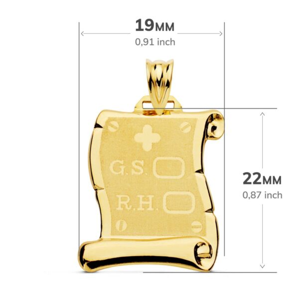 18K PLACA CHAPA COLGANTE PERGAMINO ORO AMARILLO BRILLO RH GRUPO SANGUINEO MATE 22X19 MM - Imagen 2