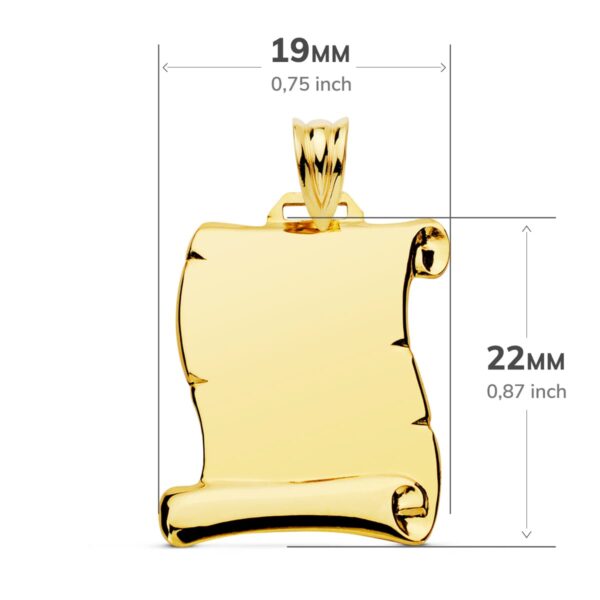 18K PLACA CHAPA COLGANTE PERGAMINO ORO AMARILLO LISO BRILLO 22X19 MM - Imagen 2