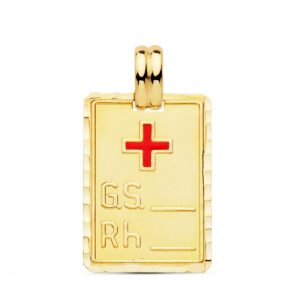 18K COLGANTE ORO AMARILLO PLACA CHAPA GRUPO SANGUINEO RH GRANDE 24X17 MM
