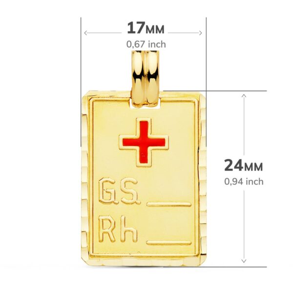 18K COLGANTE ORO AMARILLO PLACA CHAPA GRUPO SANGUINEO RH GRANDE 24X17 MM - Imagen 2