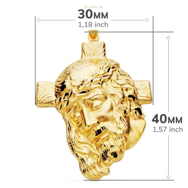 18K COLGANTE ORO AMARILLO CABEZA DE CRISTO CON CRUZ TALLADA 40X30 MM - Imagen 3