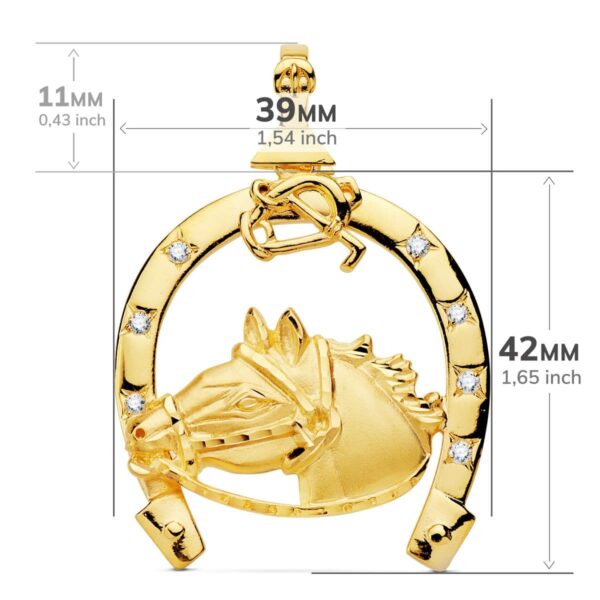 18K COLGANTE ORO AMARILLO HERRADURA CIRCONITA CON CABALLO 42X39 MM - Imagen 3