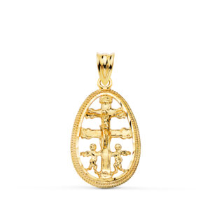 18K COLGANTE CRUZ DE CARAVACA ORO AMARILLO CERCO OVAL TALLADO. 23 X 16MM