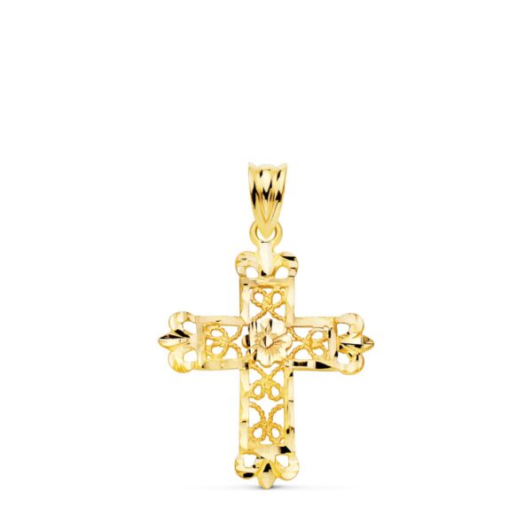 18K CRUZ ORO AMARILLO FILIGRANA BORDES TALLADOS. 27X22 MM