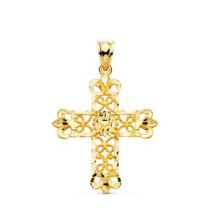18K CRUZ ORO AMARILLO FILIGRANA BORDES TALLADOS. 35X29 MM