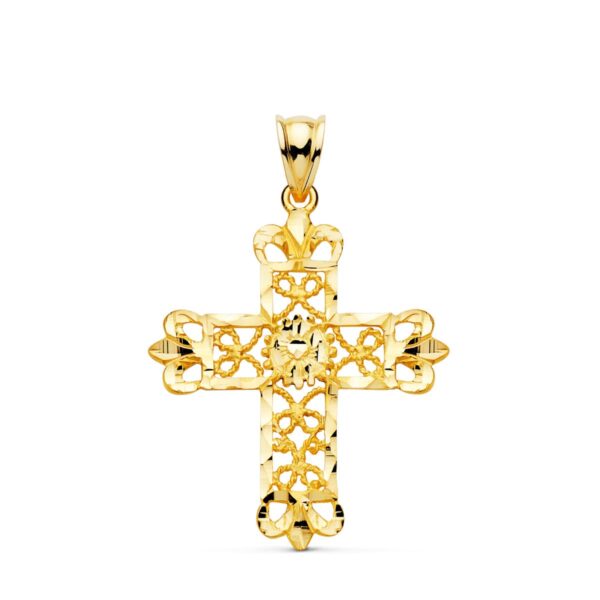 18K CRUZ ORO AMARILLO FILIGRANA BORDES TALLADOS. 35X29 MM