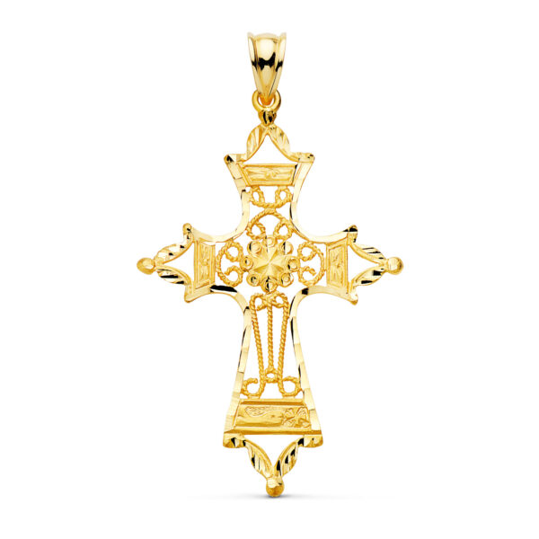 18K CRUZ ORO AMARILLO FILIGRANA BORDES TALLADOS. 46X30 MM