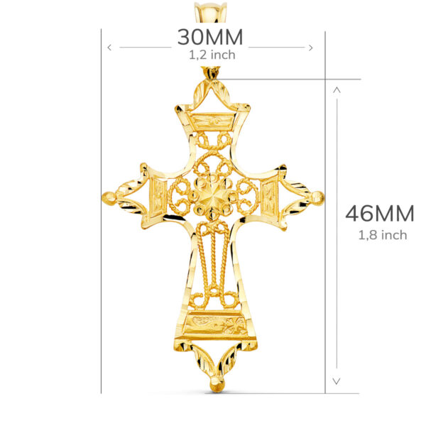 18K CRUZ ORO AMARILLO FILIGRANA BORDES TALLADOS. 46X30 MM - Imagen 2