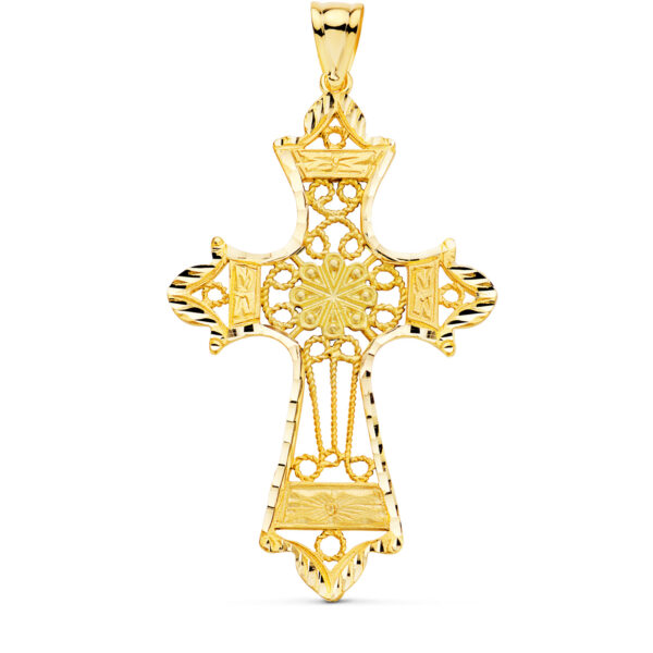 18K CRUZ ORO AMARILLO FILIGRANA BORDES TALLADOS. 60X37 MM - Imagen 2