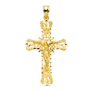 18K CRUZ ORO AMARILLO FILIGRANA CON CRISTO TALLADA 42X27 MM