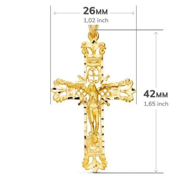 18K CRUZ ORO AMARILLO FILIGRANA CON CRISTO TALLADA 42X27 MM - Imagen 2