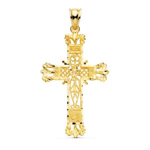 18K CRUZ ORO AMARILLO FILIGRANA BORDES TALLADOS. 44X28 MM