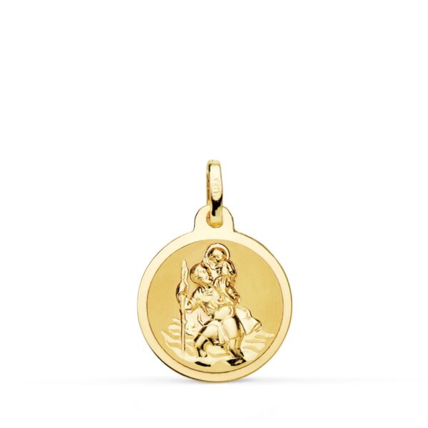 18K MEDALLA ORO AMARILLO SAN CRISTOBAL BRILLO Y MATE 16 MM