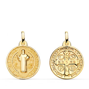 18K MEDALLA ORO AMARILLO ESCAPULARIO ORO AMARILLO SAN BENITO MONJE BRILLO Y FONDO MATIZADO 16 MM ESPALDA EN BRILLO